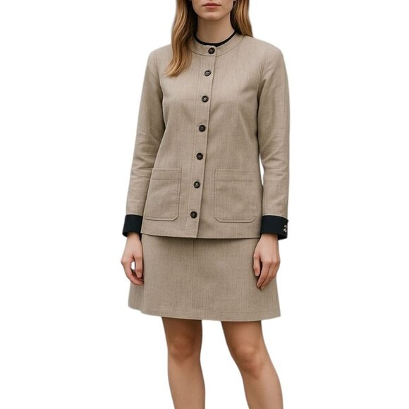 WORTH 100% Linen Tan Skirt Set Long Blazer Jacket w Pencil Skirt Women's M/10 - Picture 2 of 9
